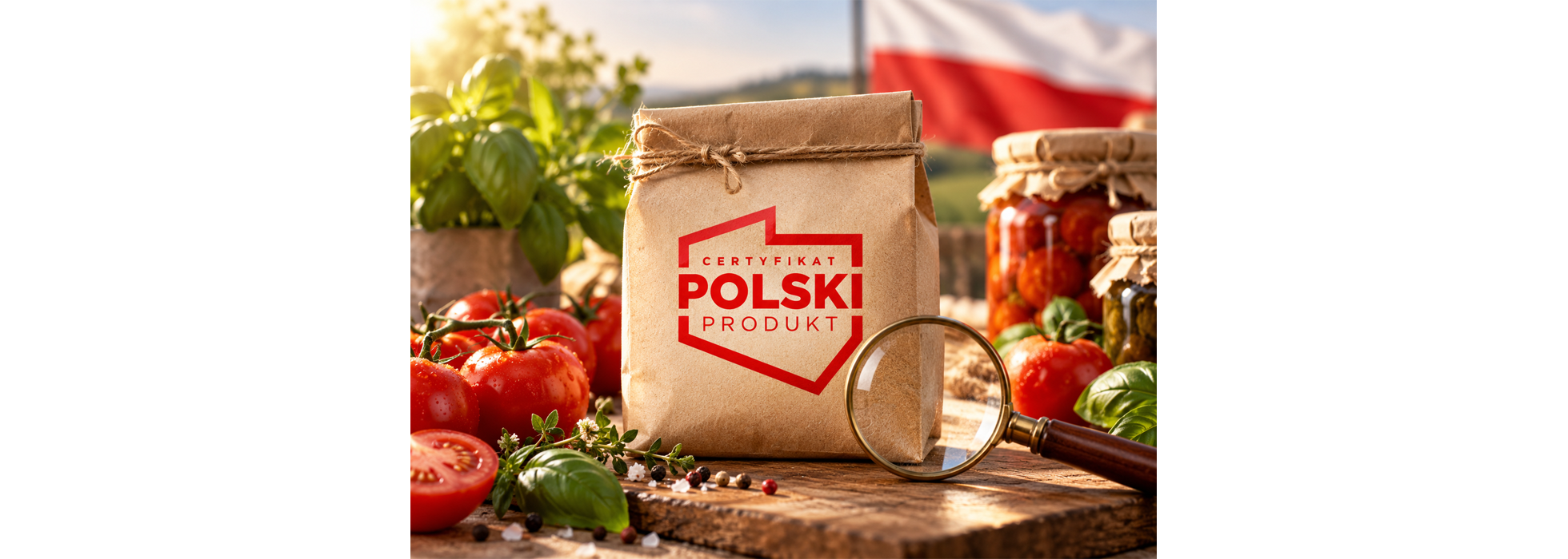 Papierowa torba z godłem Certyfikat Polski Produkt i lupa