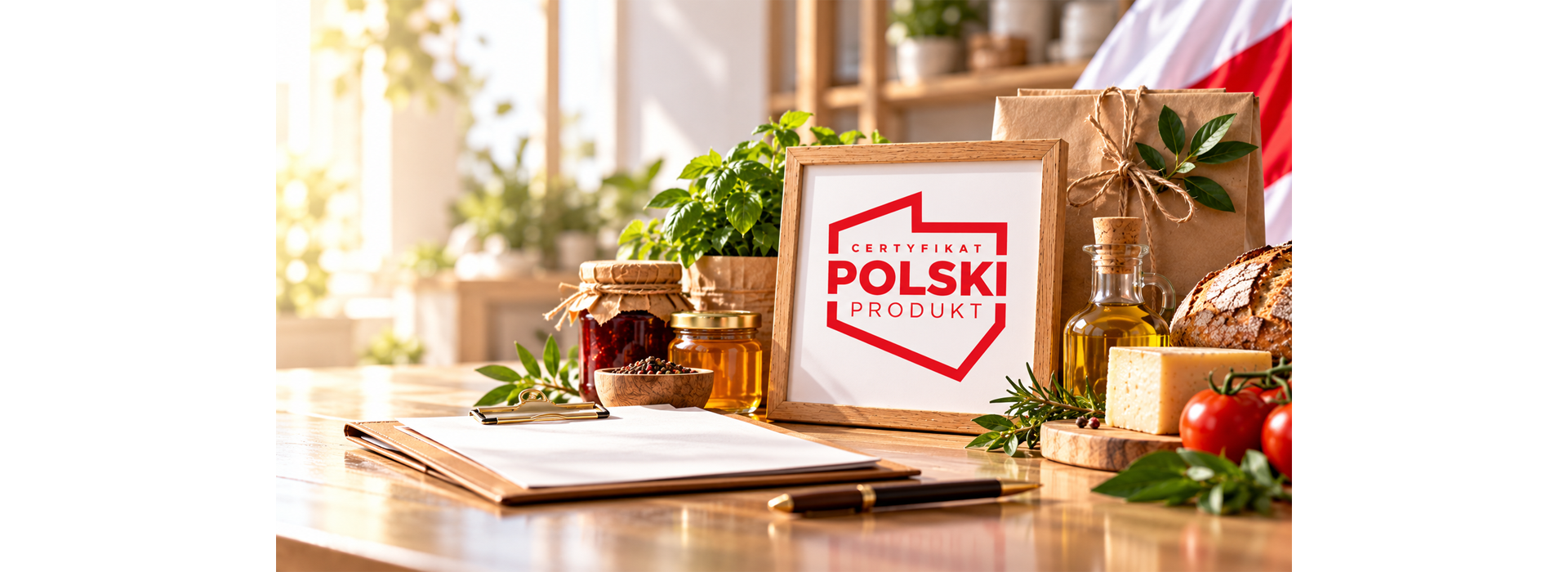 Godło Certyfikat Polski Produkt i dokumenty na biurku
