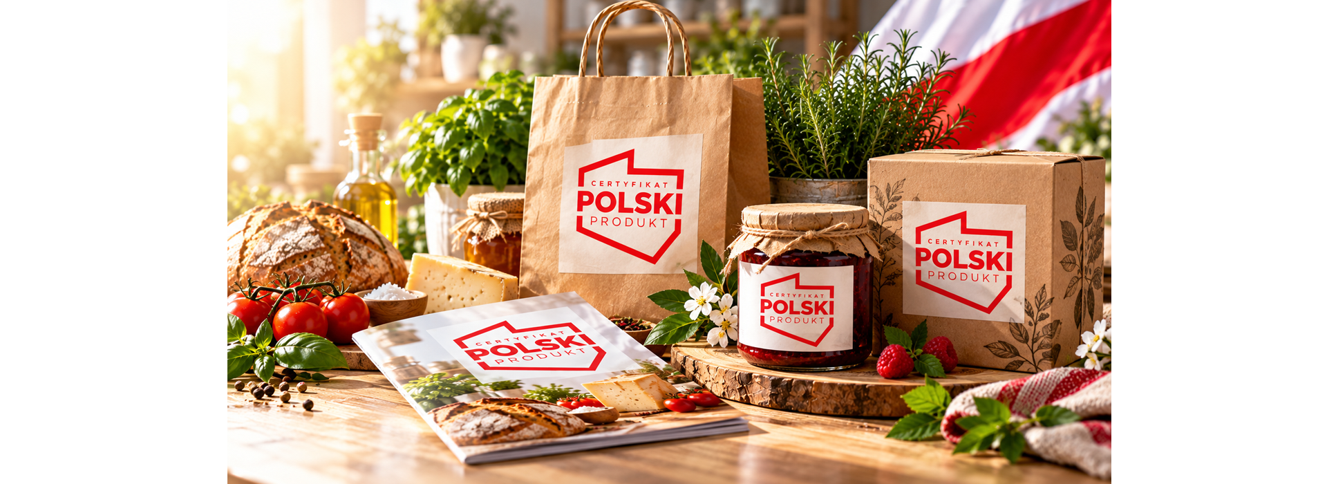 Godło Certyfikat Polski Produkt na opakowaniach, torbie i katalogu – promocja polskiej firmy