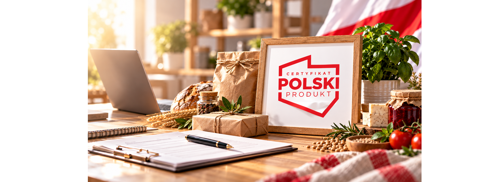 Godło Certyfikat Polski Produkt na biurku przy zgłoszeniu
