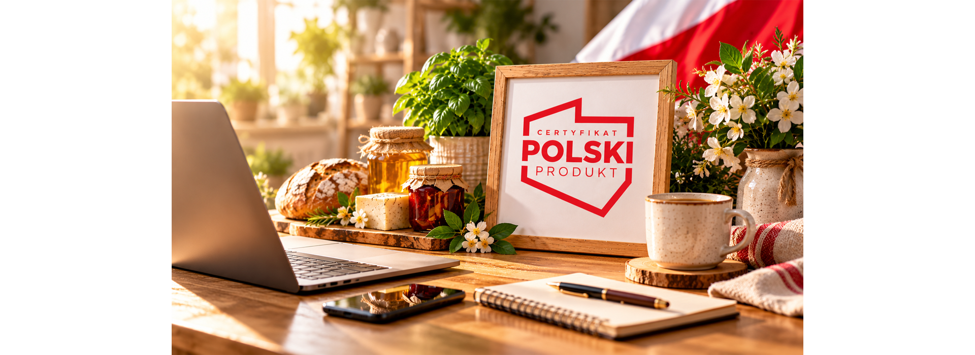 Biurko z laptopem i godłem Certyfikat Polski Produkt